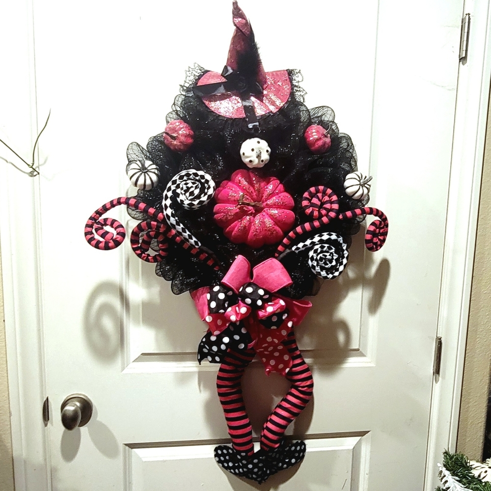 XL Halloween Pumpkin Witch Wreath Deco Mesh Bow - Picture 12 of 12